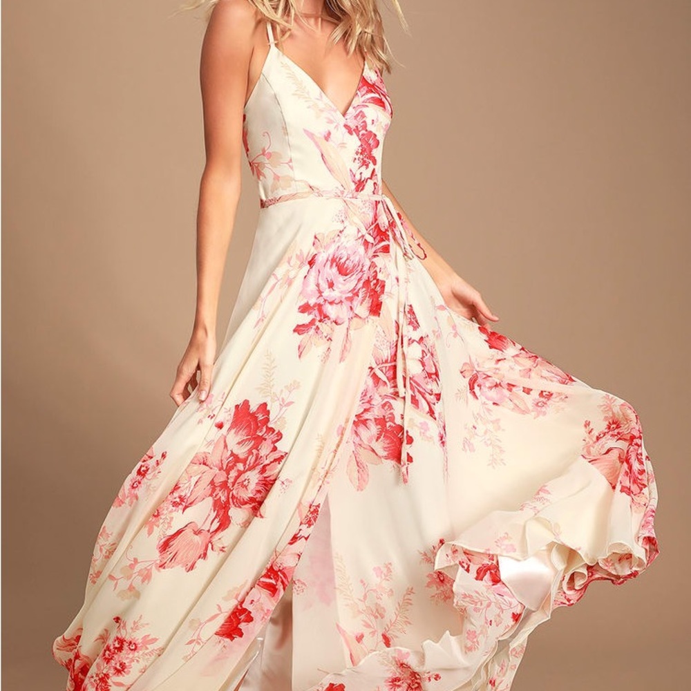 Elegantly Inclined Cream and Coral Floral
Print Wrap Maxi Dress